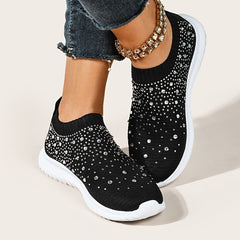 Women's Lightweight Knit Sneakers Low Top Faux Rhinestone Solid Casual Shoes
