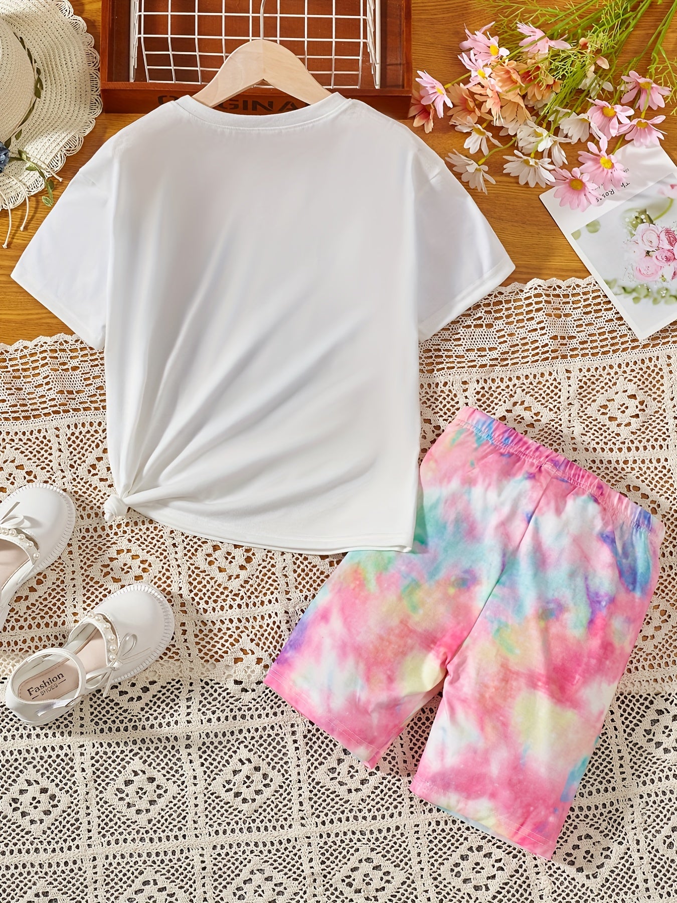 2 Pcs Girls' Tie Dye T Shirt & Shorts Set for Summer
