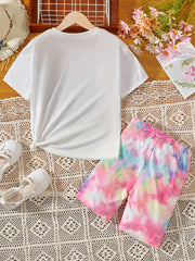 2 Pcs Girls' Tie Dye T Shirt & Shorts Set for Summer