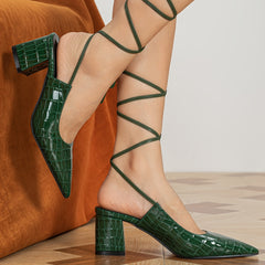 Strappy Chunky Heel Slingback Lace Up PU Leather Pumps