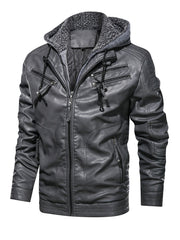 Men's Zipper Hoodie Autumn Winter Solid PU Faux Leather Jacket