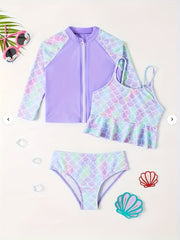 Mermaid Swimsuit Set Quick Drying Zip Front Long Sleeve Cami Top Briefs Kids