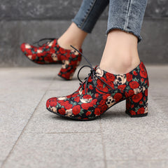 Skull & Rose Chunky Heels Lace Up Pumps Round Toe