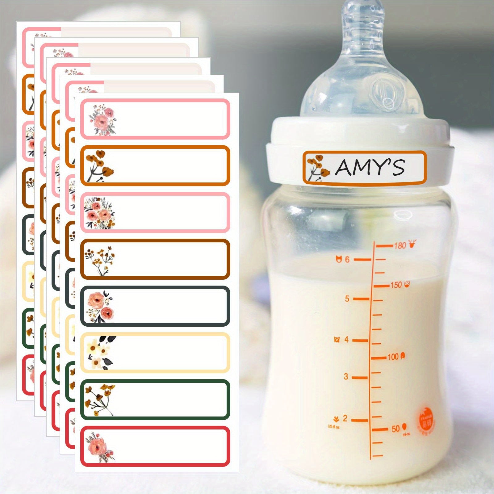 Girly Floral Baby Bottle Labels Waterproof 6 Sheets