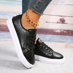 Women's Perforated Skate Shoes Breathable Lace Up Flat Sneakers