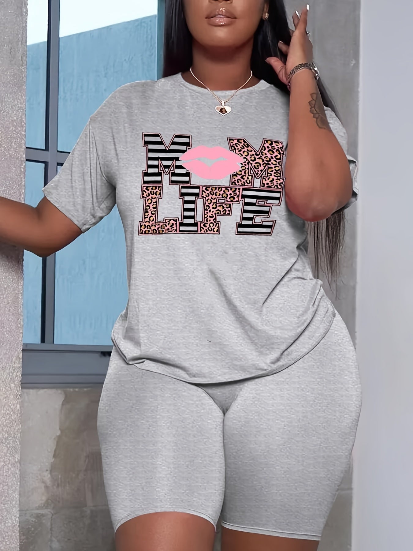 Letter Print 2pc Set Casual T-shirt & High Waist Shorts Outfits