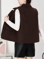 Solid Teddy Vest Casual Button Front Sleeveless Warm Vest