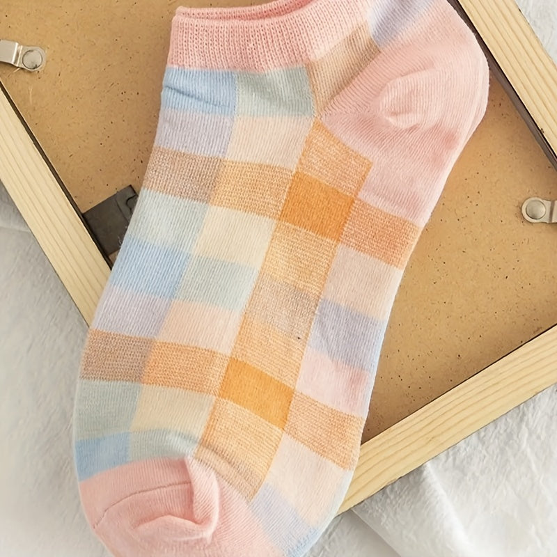 5 Pairs Colorblock Plaid Socks - Soft & Lightweight Low Cut Ankle Socks