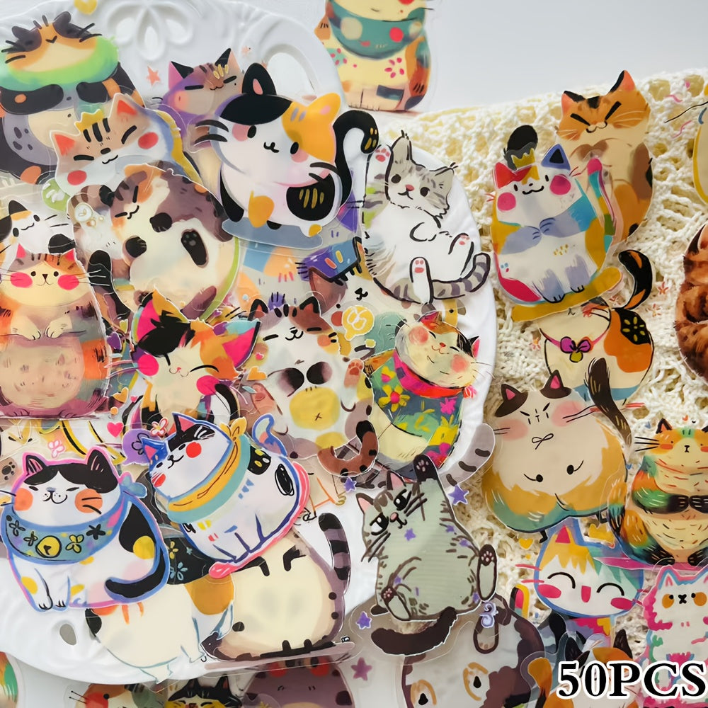 50pcs Cartoon Cat Stickers PET Self Adhesive Decals for DIY Crafts