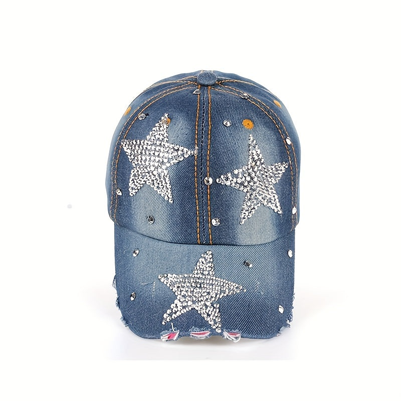Five Pointed Star Inlaid Diamond Denim Baseball Cap