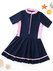 Girls Block Zipper One Piece Swimsuit Summer Beach Clothes