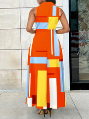 Casual Tank Dress Colorblock Print Button Up Shirt Dress