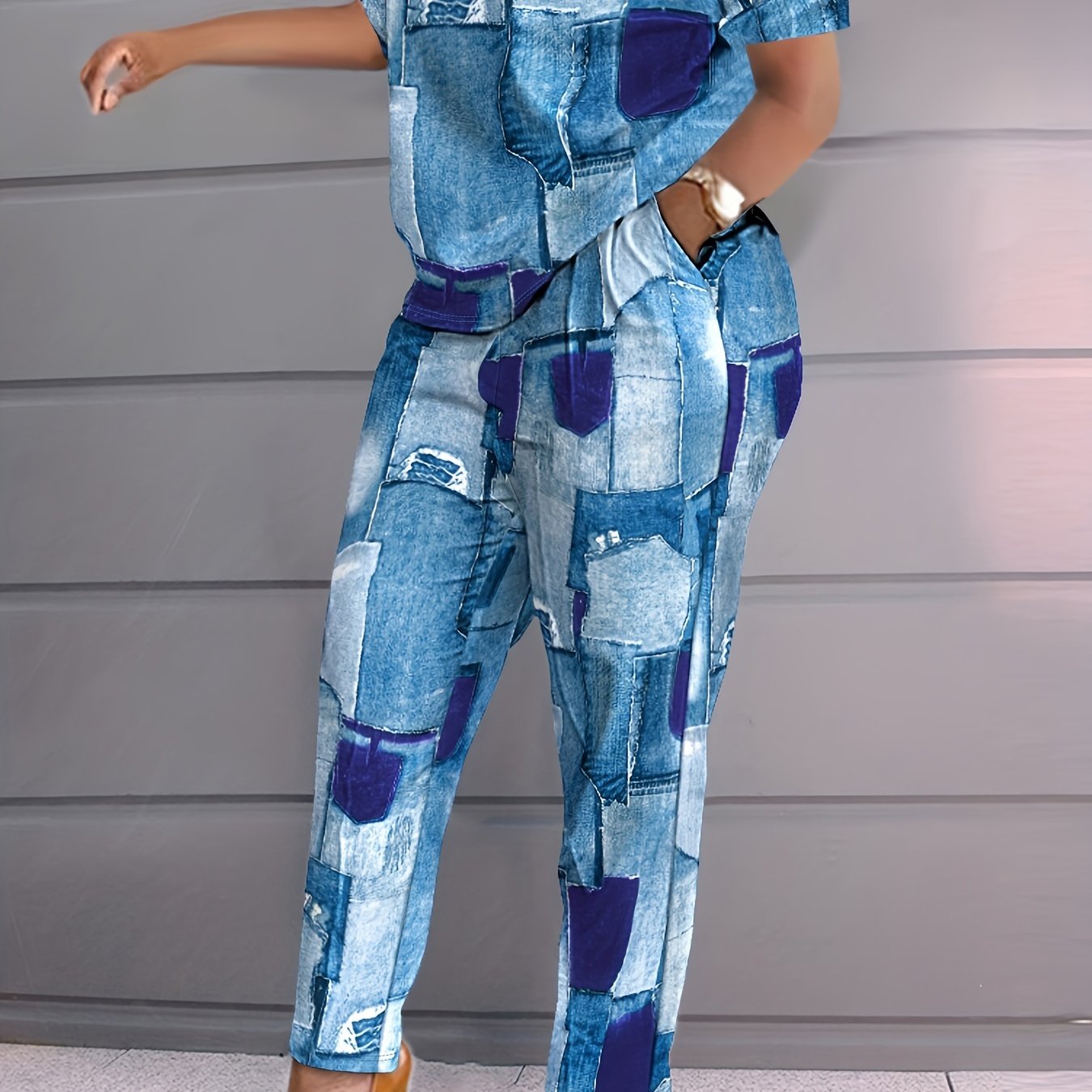 Retro Outfits Set Women's Plus Denim Print T-shirt & Pants Set
