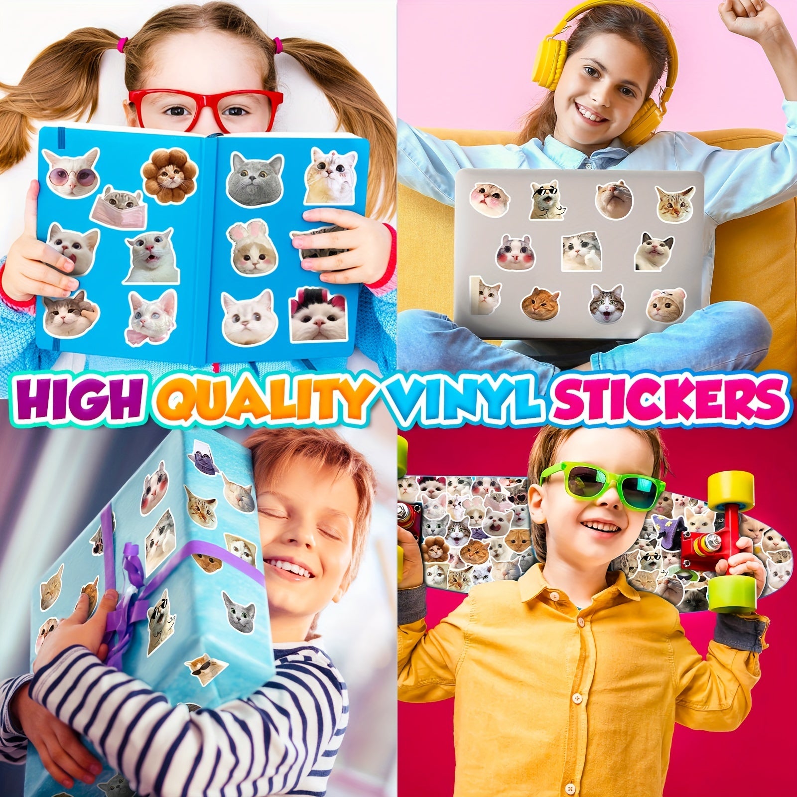 100pcs Realistic Cat Mixed Stickers for Water Cup Computer Mobile Phone Decor