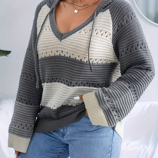 Colorblock Long Sleeve V Neck Hooded Drawstring Sweater