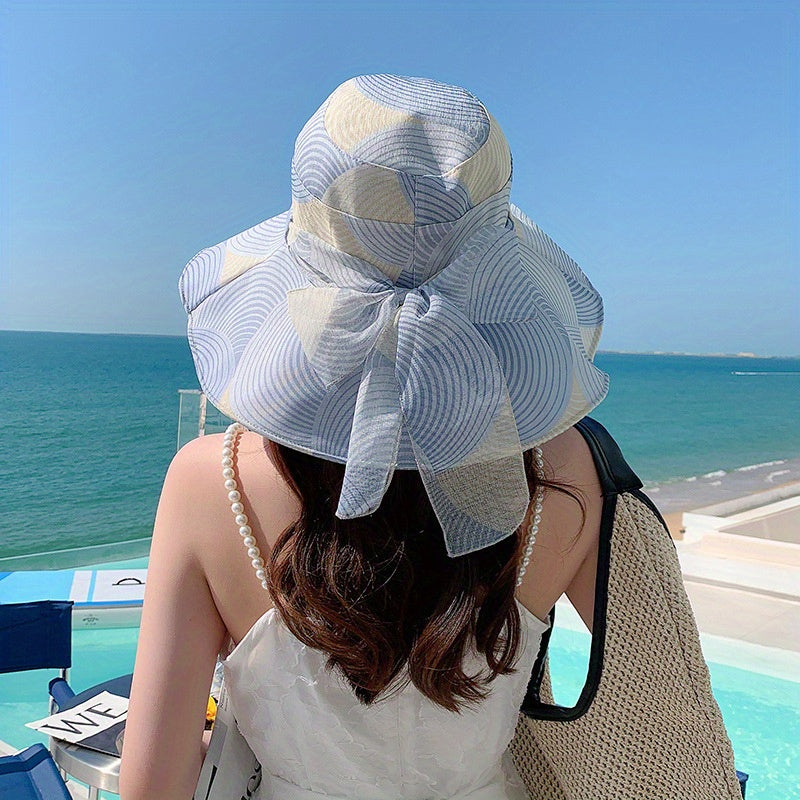 Striped Block Sun Hat Ribbon Bowknot Wide Brim Bucket Hat