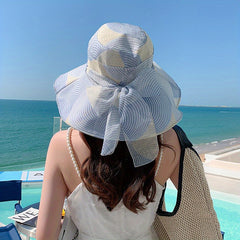 Striped Block Sun Hat Ribbon Bowknot Wide Brim Bucket Hat
