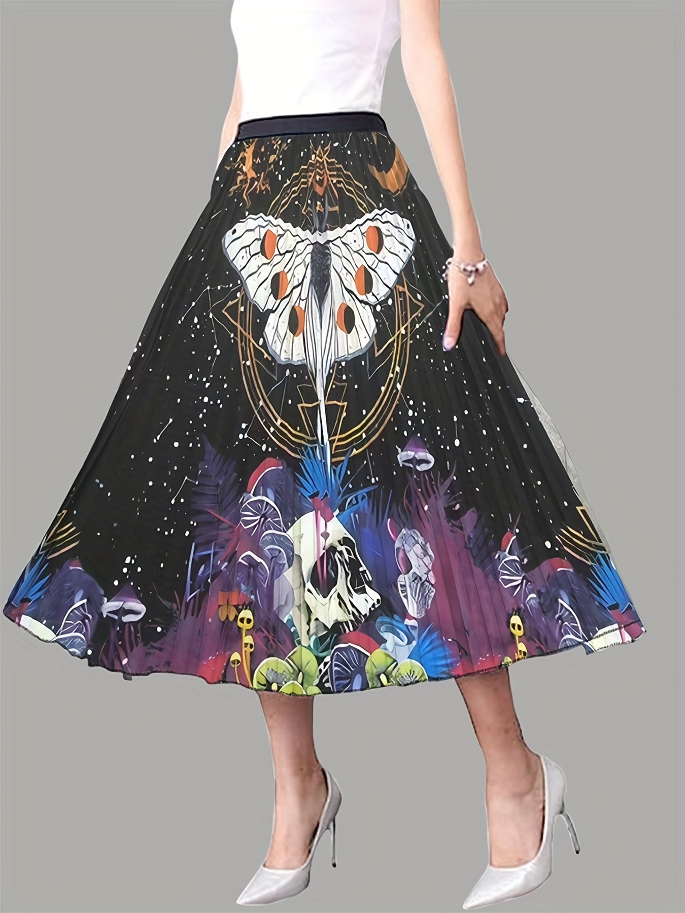 Butterfly Print Pleated Skirt Elastic Waist Swing Skirt