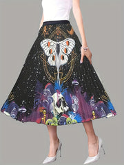 Butterfly Print Pleated Skirt Elastic Waist Swing Skirt