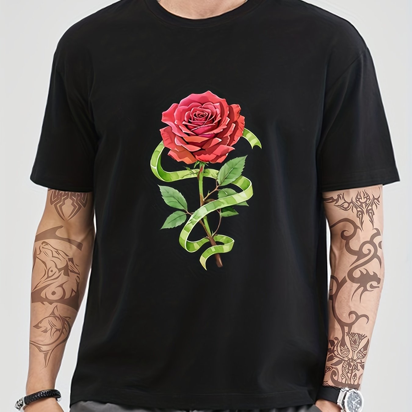 Cotton Rose Print Men's Graphic Crew Neck T shirt Casual Comfy Tees