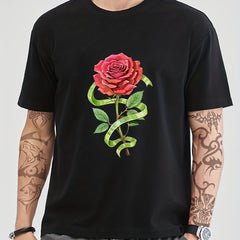 Cotton Rose Print Men's Graphic Crew Neck T shirt Casual Comfy Tees