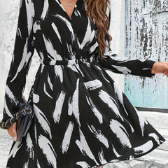 Brush Print A Line Dress V Neck Long Sleeve Casual Dress