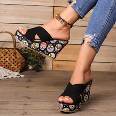 Skull Printed Wedge Sandals, Halloween Calavera Pattern Slip On Platform Shoes