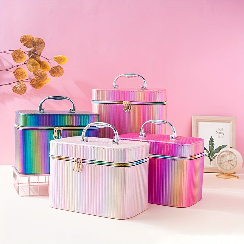 3pcs Striped Makeup Travel Case Cosmetic Organizer Bag With Handle & Mirror