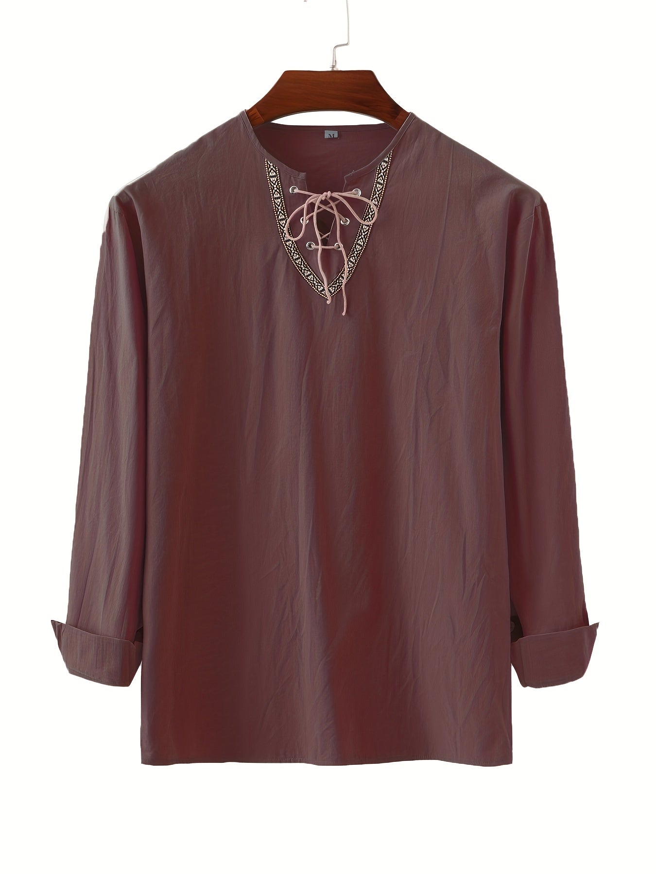 Men's Retro Casual Drawstring V Neck Long Sleeve Shirt