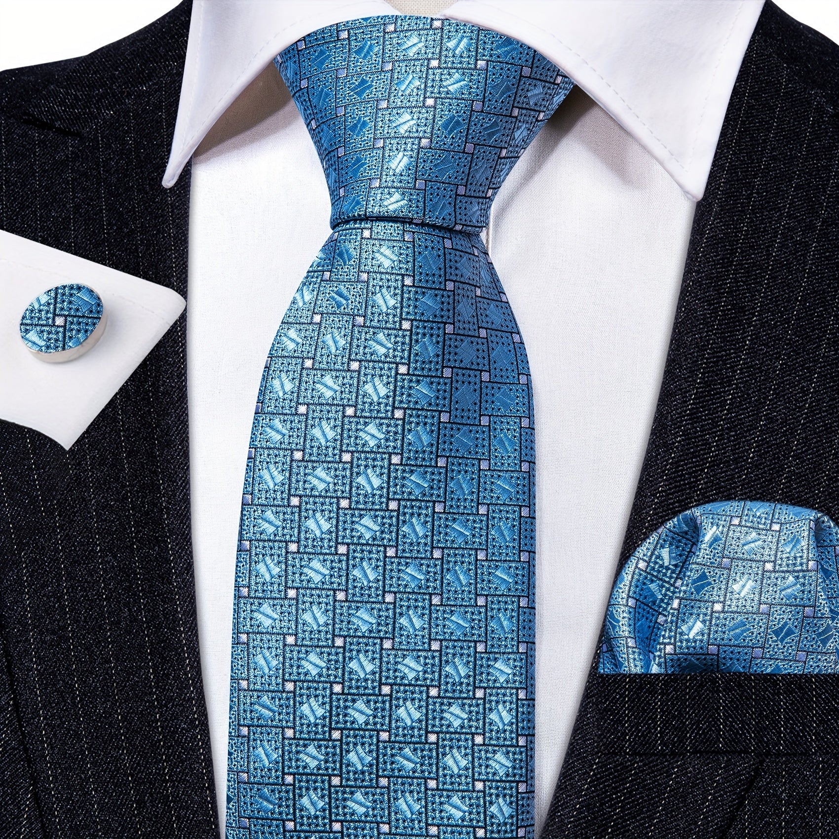 Barry Wang Men's Necktie Cufflinks Square Scarf Set Silk Plaid Pattern