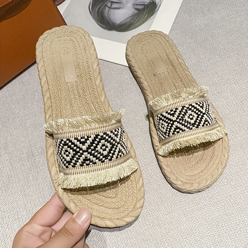 Women's Argyle Pattern Straw Slippers Sandals Open Toe Comfy Flat Slides