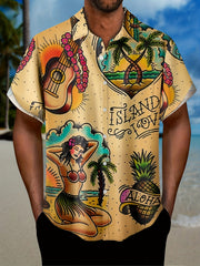 Coconut Tree & Moon Print Men's Casual Short Sleeve Shirt