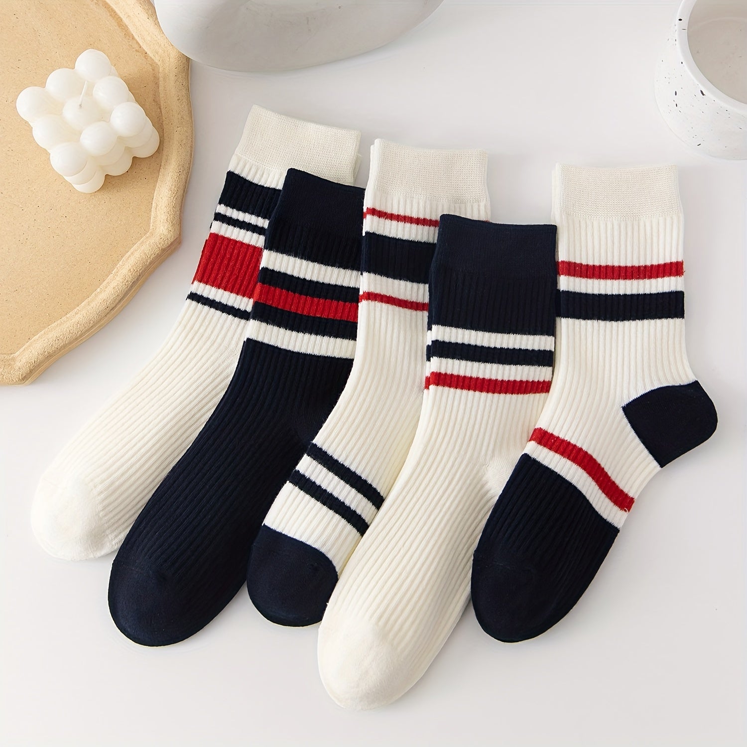 5 Pairs Colorblock Striped Socks Comfy & Breathable All match Sports Socks