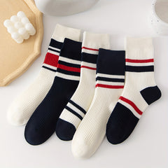 5 Pairs Colorblock Striped Socks Comfy & Breathable All match Sports Socks