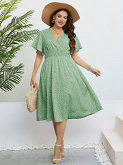 Butterfly Sleeve Surplice Neck Waist Pleated Dress