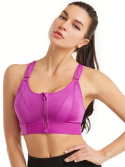 Zipper Wireless Sports Bra Comfy Shockproof Criss Cross Back Fitness Tank Bra