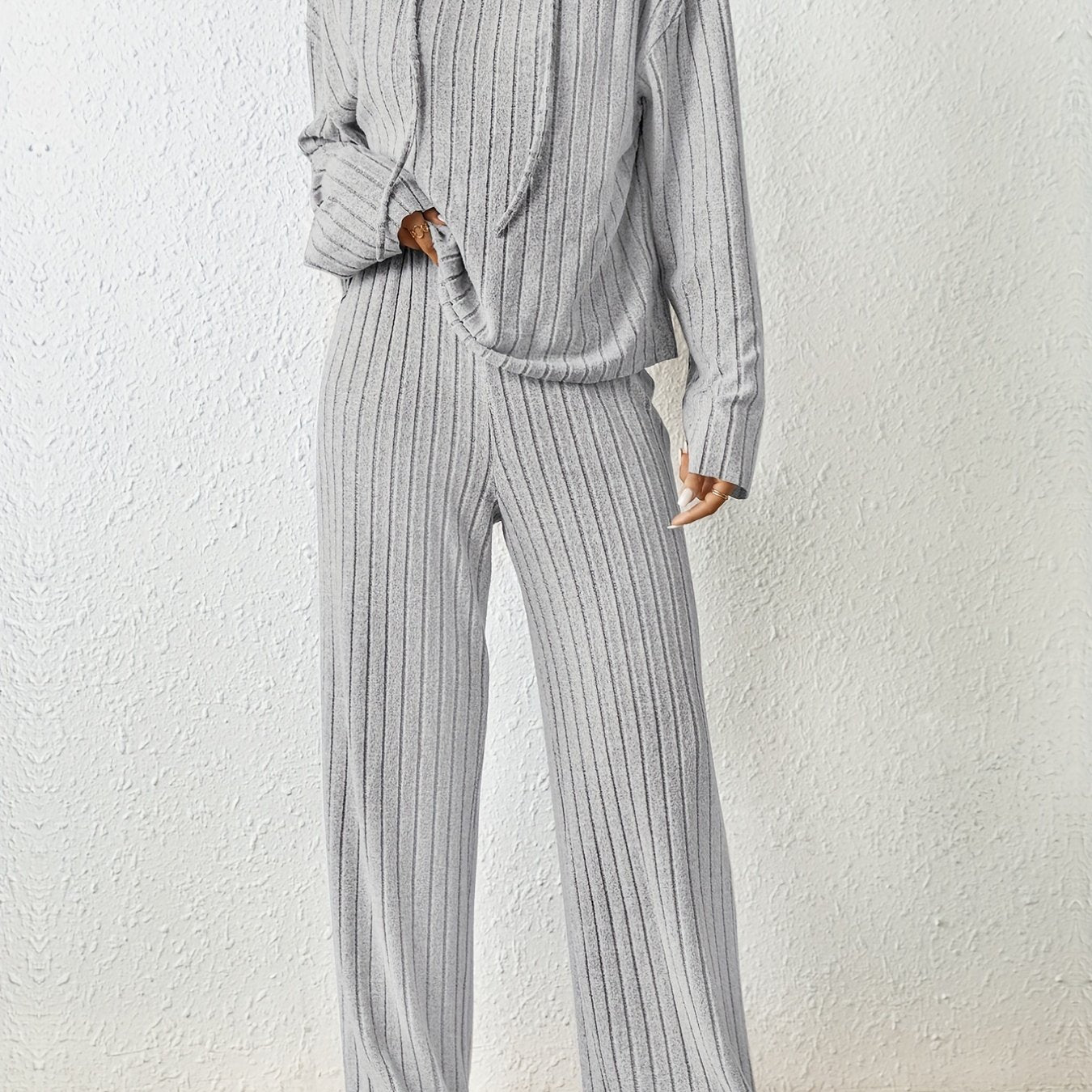 Solid Knit 2pc Set Long Sleeve Hoodie & Wide Leg Pants