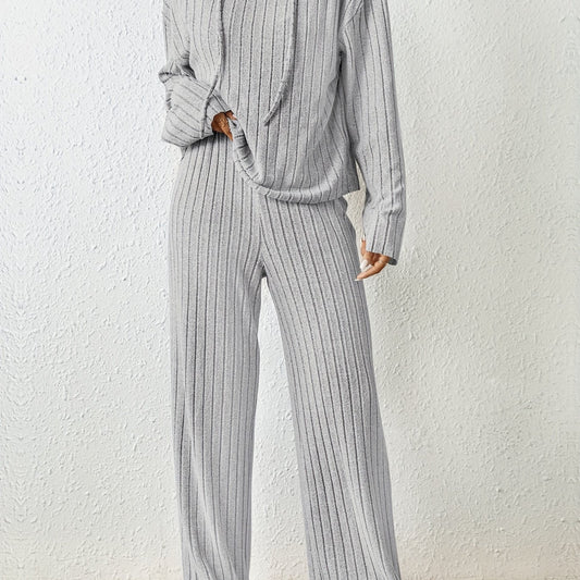 Solid Knit 2pc Set Long Sleeve Hoodie & Wide Leg Pants