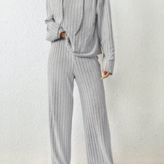 Solid Knit 2pc Set Long Sleeve Hoodie & Wide Leg Pants