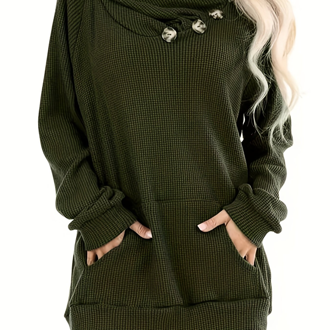 Solid Kangaroo Pocket Hoodies Casual Waffle Long Sleeve Sweatshirt