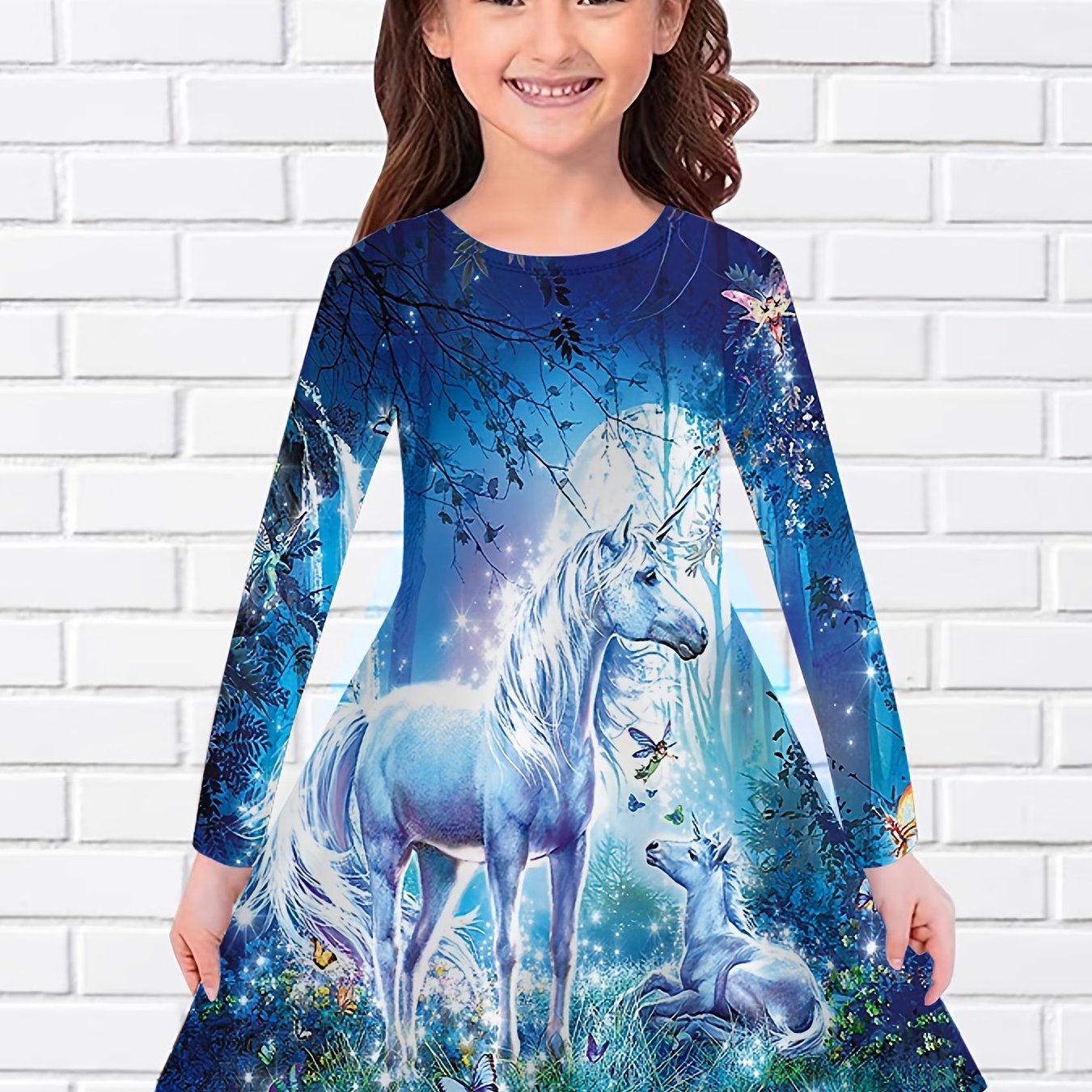 Little Girl Stylish Casual Cartoon Graphic Long Sleeve Dress