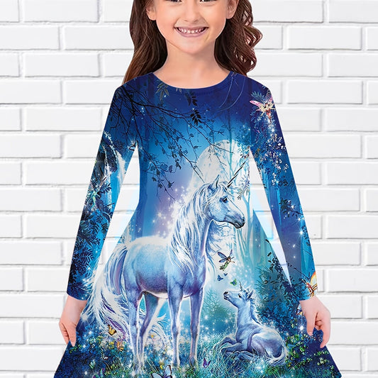 Little Girl Stylish Casual Cartoon Graphic Long Sleeve Dress