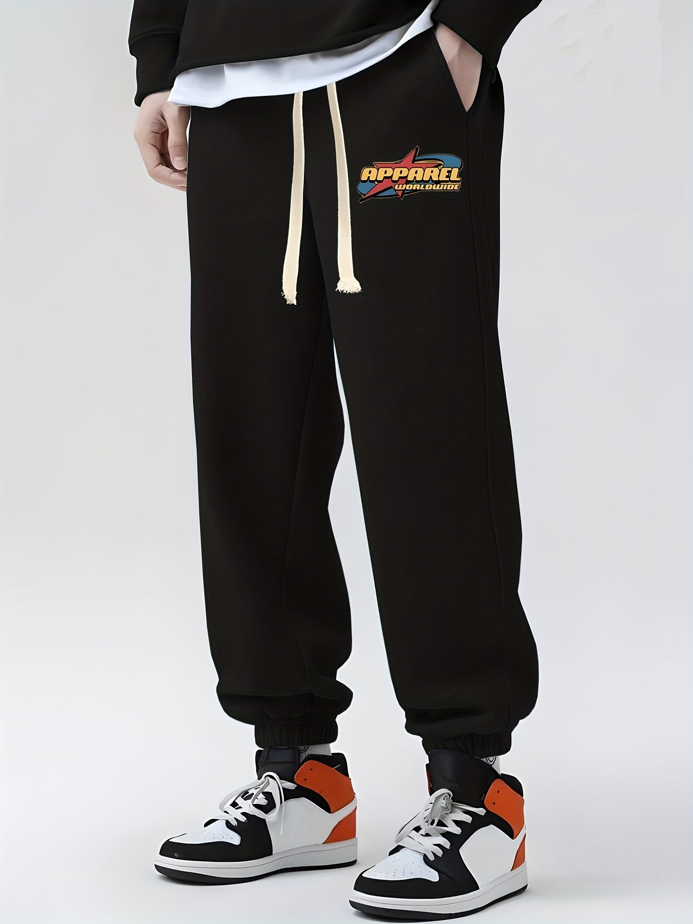 Retro Letter Print Drawstring Sweatpants Loose Fit Pants Men's Casual Joggers