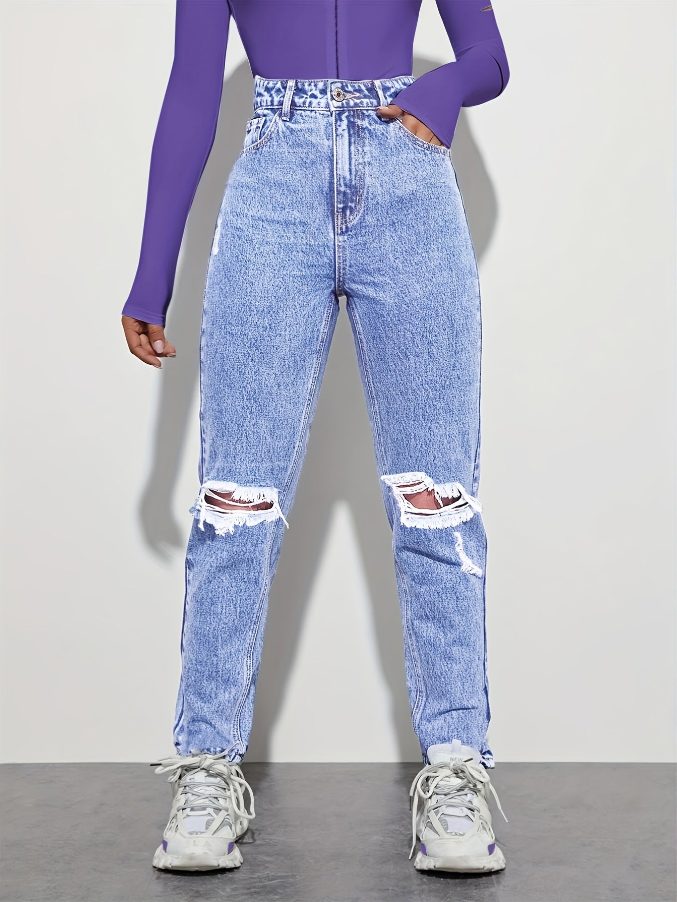 High Rise Straight Jeans Loose Fit Slash Pockets Denim Pants
