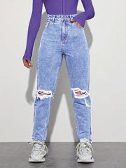 High Rise Straight Jeans Loose Fit Slash Pockets Denim Pants