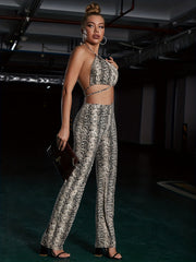 Sexy Print Summer Pantsuits Lace Up Halter Tops & High waisted Pants Set