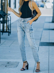 Flap Pockets Straight Jeans High Waist Non Stretch Cargo Pants
