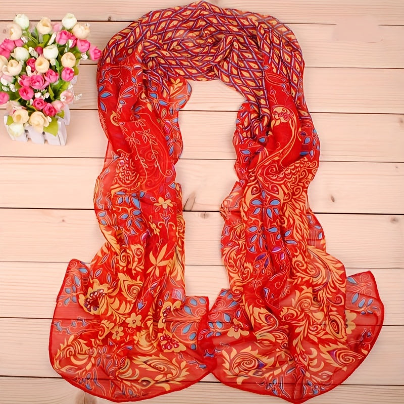 Boho Chiffon Scarf Phoenix Pattern Print Windproof Shawl
