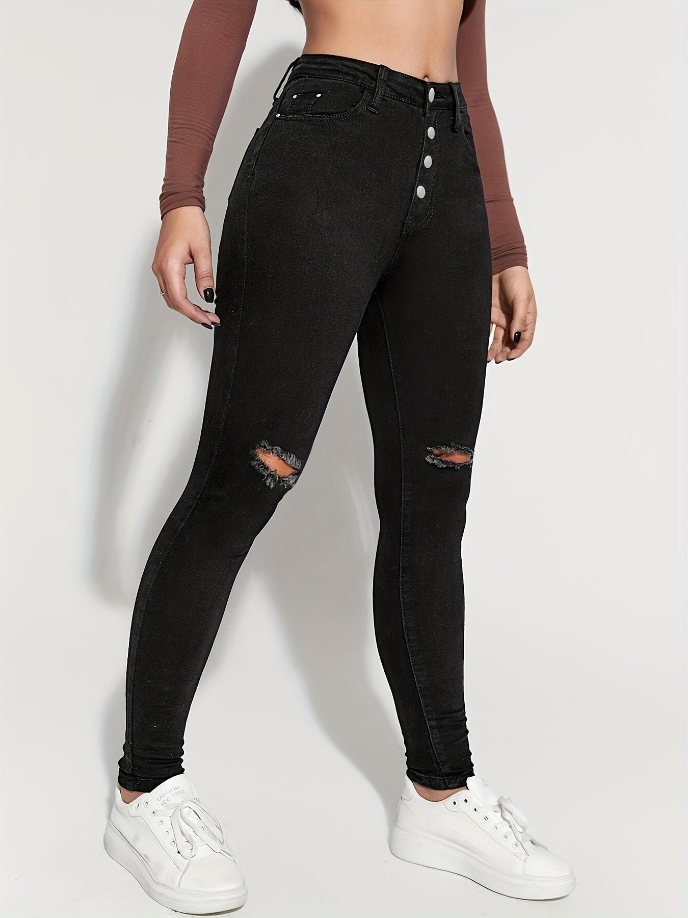 Slim Fit Distressed High Rise Jeans Button High Waist Denim Pants
