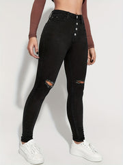 Slim Fit Distressed High Rise Jeans Button High Waist Denim Pants